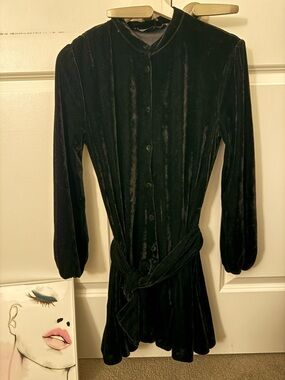 Zara Black Velvet Long-Sleeve Button Dress with Tie Waist